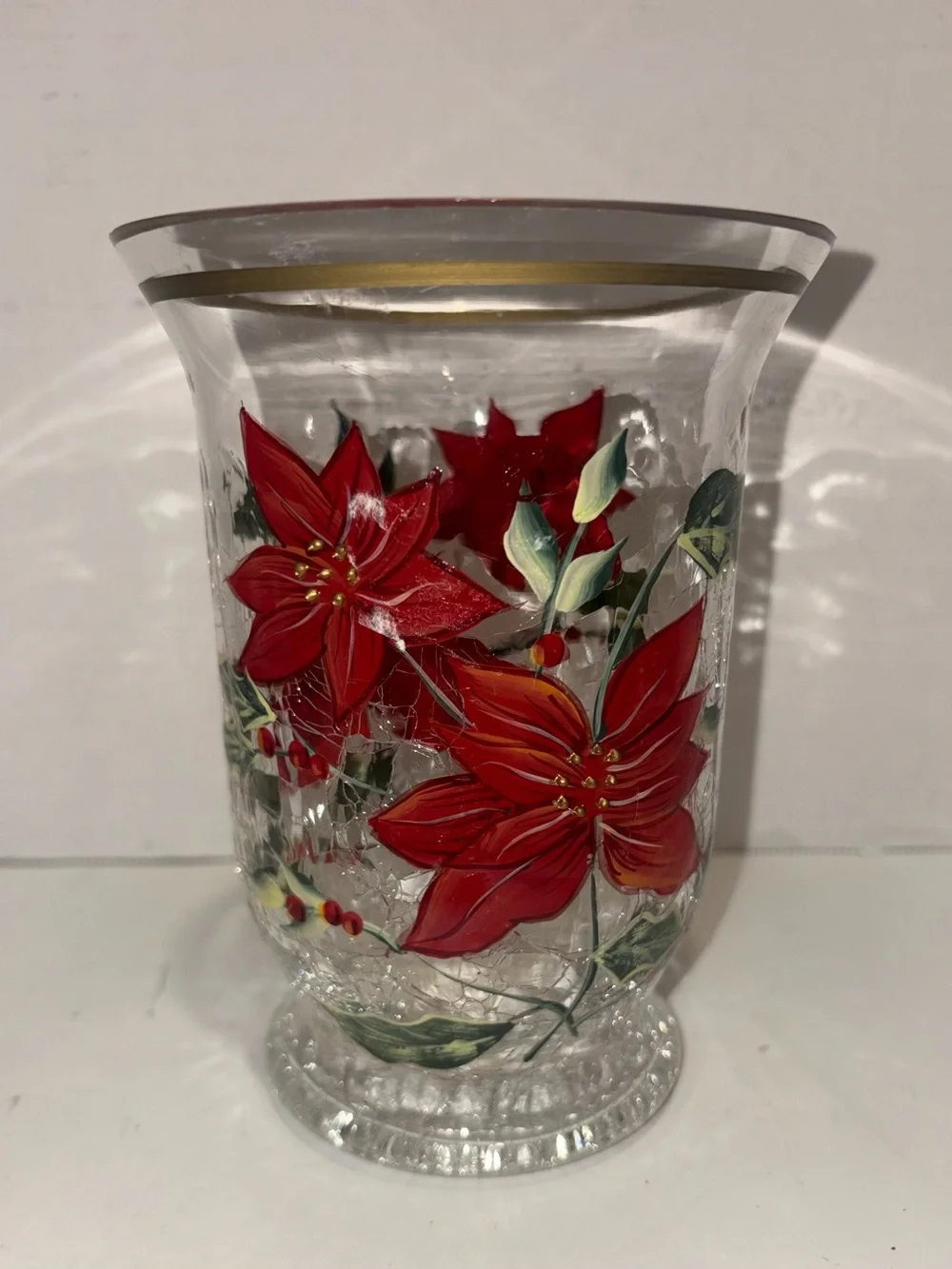 Hand-Painted Red Poinsettia Glass Vase with Gold Trim